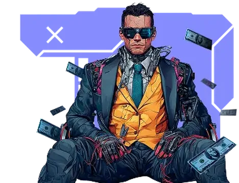 Betory VIP club: VIP-personage in pak met gouden vest tussen vliegende bankbiljetten